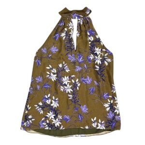 Ramy‎ Brook Brown Purple Floral Silk Halter Keyhole Neck Tie Back Top Size Small